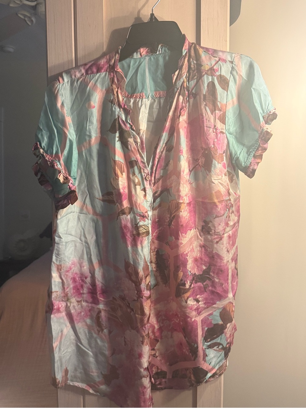 Johnny Was Pastel Floral Ruffle-Trim Blouse in Mint, Pink and Brown